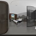 Modern Hotel Room Featuring Canopy Bed Natural Light Through Window And Wall Decor 3d model
