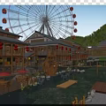 Commercial Landscape Featuring Ferris Wheel Traditional Chinese Buildings Water Wheel and Red Lanterns Near Mountains