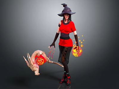 Game Movie Character Wearing Red Top Black Hat Holding Glowing Orbs And Horned Mythical Creature 3d model