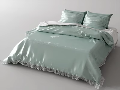 Elegant Double Bed With Light Green Silky Bedding And Lace Trim Pillows 3d model