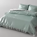 Elegant Double Bed With Light Green Silky Bedding And Lace Trim Pillows