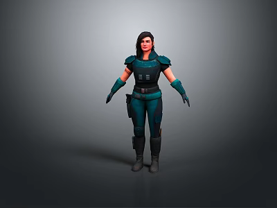 Female Game Movie Character In Green Black Combat Armor With Shoulder Pads And Gloves 3d model
