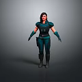 Female Game Movie Character In Green Black Combat Armor With Shoulder Pads And Gloves