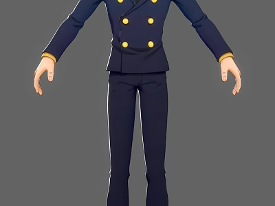 Anime Character In Dark Blue Uniform With Yellow Buttons Long Sleeves Standing Pose 3d model