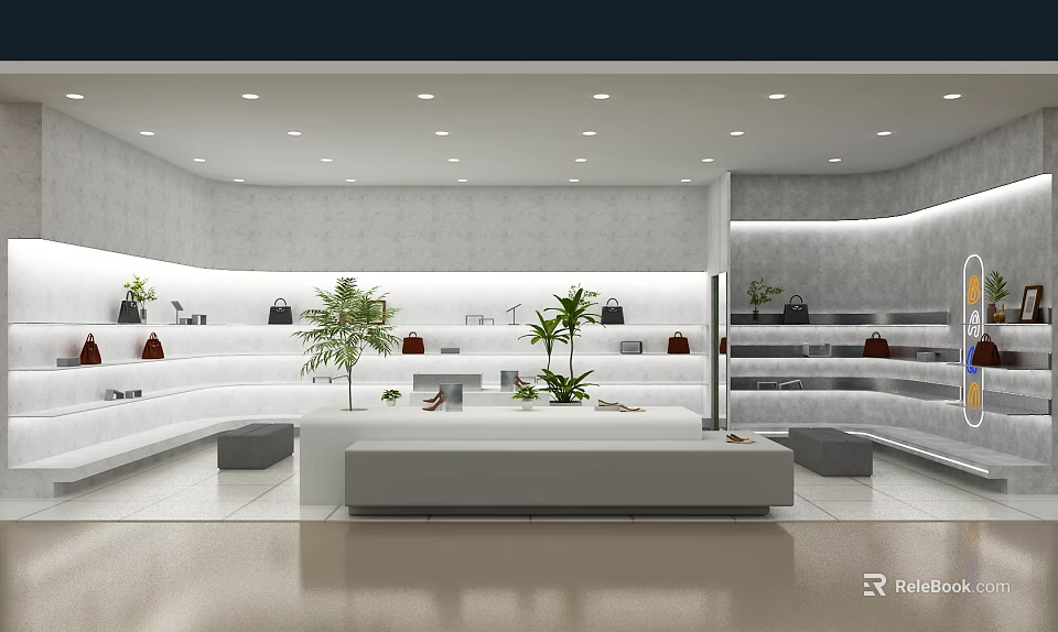 Modern Shopping Mall Store Interior With Display Shelves Green Plants And Bright Lighting 3d model 