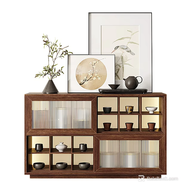 Elegant Wooden Sideboard With Decorative Paintings Vase And Tea Sets Storage 3d model 