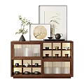 Elegant Wooden Sideboard With Decorative Paintings Vase And Tea Sets Storage