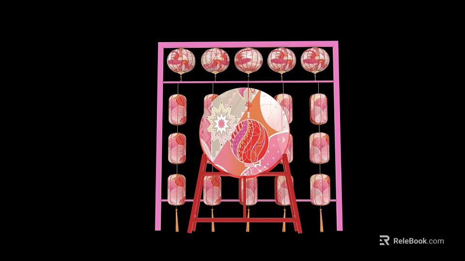 Art Installation With Red Frame Circular Lanterns And Central Decorative Patterns 3d model