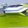 Futuristic Aerodynamic Silver Vehicle Model Display With Yellow Accents And Green Base