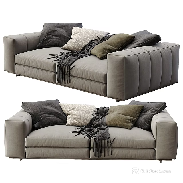 Modern Light Gray Double Sofa With Decorative Pillows And Throw Blanket 3d model