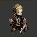 Chibi Warrior Character With Blonde Hair Blue Eyes Red Gold Armor Holding Sword