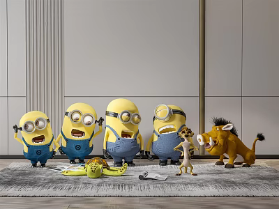 Minions With Various Expressions And Cartoon Animal Character On Rug With Banana In Interior Scene 3d model