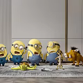 Minions With Various Expressions And Cartoon Animal Character On Rug With Banana In Interior Scene
