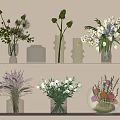 Decorative Glass Vases With Purple And White Flowers And Greenery On Shelves