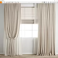 Beige Textured Curtains With Sheer Inner Layer And Tieback For White Paned Window 3d model