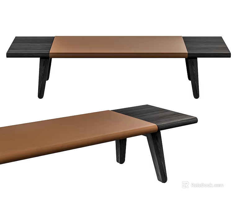 Modern Black Wooden Bench With Brown Padded Seat And Sleek Black Legs 3d model 