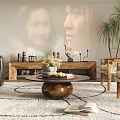 Elegant Living Room Design With Chandelier Leather Sofa Projection Green Plant And Wooden Coffee Table