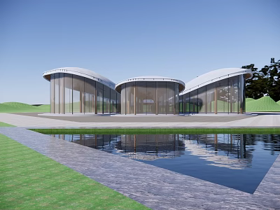 Modern Architectural Design With Curved Glass Walls Water Pool And Green Landscape 3d model