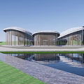 Modern Architectural Design With Curved Glass Walls Water Pool And Green Landscape