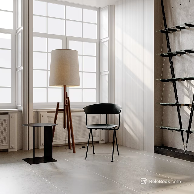Inflatable Furniture Interior With Black Chair Floor Lamp And Large Windows 3d model 