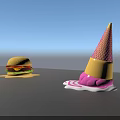 Colorful Hamburger With Melting Sauce And Ice Cream Cone With Pink Cream