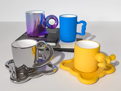Colorful Creative Mugs With Purple Blue Silver Yellow Tones And Unique Coasters On White Table 3d model