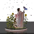 Elegant Woman in Pink Dress with Butterfly Sunflowers and Falling Petals on Illuminated Circular Platform