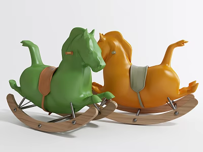 Colorful Building Blocks Rocking Horse with Green Orange Design and Wooden Rocker Base 3d model
