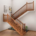 Wooden Staircase with Balustrades and Small Pond Featuring Stones Wall Paintings and Wooden Floor