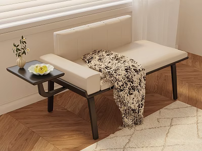 Beige Leisure Chair with Backrest Side Table Flower Vase and Patterned Blanket on Wooden Floor 3d model