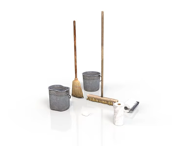 Essential Cleaning Tools Collection With Brooms Buckets Brushes Toilet Paper 3d model