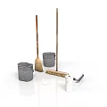 Essential Cleaning Tools Collection With Brooms Buckets Brushes Toilet Paper