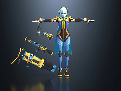 Game Movie Character With Blue Hair Futuristic Tech Outfit Weapons And Yellow Accents 3d model