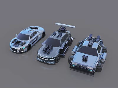 Three Modified Silver Racing Cars With Futuristic Design And Sporty Components 3d model
