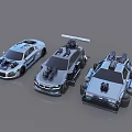 Three Modified Silver Racing Cars With Futuristic Design And Sporty Components
