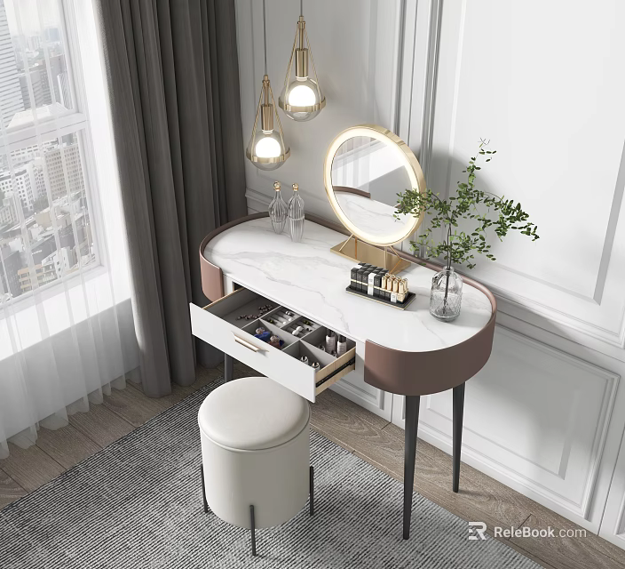 Elegant Dressing Table with Marble Top Open Drawer Cosmetics Round Mirror Plant and White Stool 3d model 