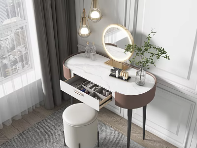 Elegant Dressing Table with Marble Top Open Drawer Cosmetics Round Mirror Plant and White Stool 3d model