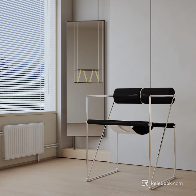 Accent Chair with Black Seat and Metal Frame near Window with Blinds and Hanging Lamp 3d model 
