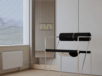 Accent Chair with Black Seat and Metal Frame near Window with Blinds and Hanging Lamp 3d model