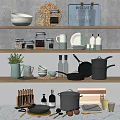 Organized Kitchenware On Kitchen Shelves With Pots Pans Knives Mugs And Plates