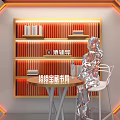 Modern Lounge Room With Orange Lighting Red Bookshelf Silver Mannequin And Camera Tripod