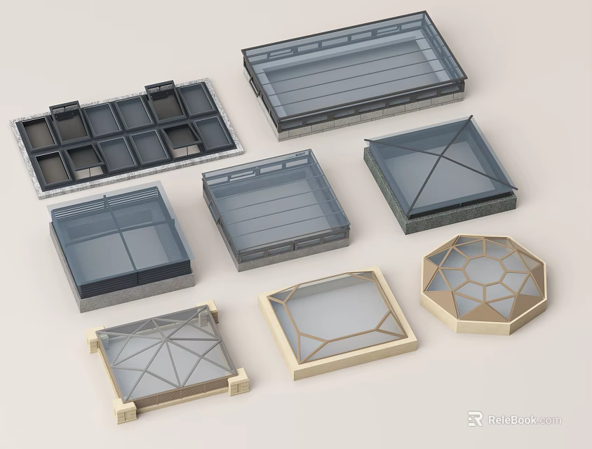 Geometric Shaped Architectural Skylight Components With Glass Panels And Frames 3d model