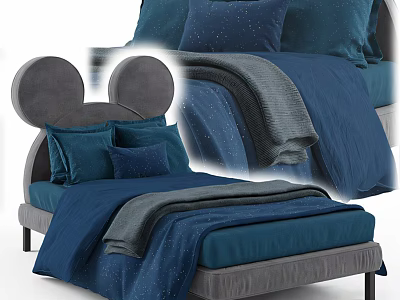 Kids Bed With Mickey Mouse Ears Headboard Gray Frame Blue Bedding And Gray Blanket 3d model