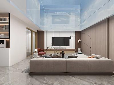 Modern Living Room Interior Design With Glass Ceiling Grey Sofa TV And Wooden Elements 3d model