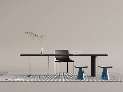 Modern Minimalist Desk Setup With Black Chair Blue Stools Vase Green Plant And Laptop 3d model