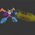 Blue Robot Character With Red Wings Yellow Horns Holding Transparent Container With Glowing Biological Substance