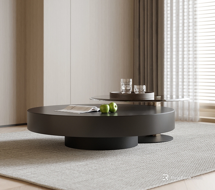 Modern Black Round Coffee Table With Layered Design Green Apples And Glass Cups On Rug 3d model 