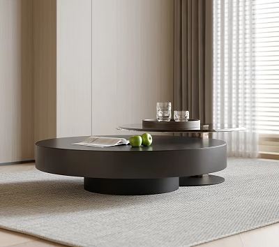 Modern Black Round Coffee Table With Layered Design Green Apples And Glass Cups On Rug 3d model