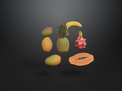 Healthy Assorted Fresh Fruits Display With Pineapple Banana Mango Dragon Fruit And Papaya 3d model