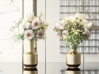 Elegant Golden Vases With White And Pink Flowers Green Leaves Modern Wall Background 3d model